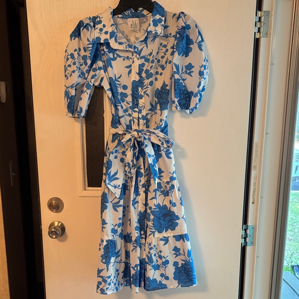Blue Floral Midi Dress with Tie Waist
